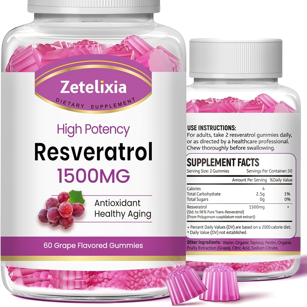 Pastilhas de resveratrol sem açúcar - Suplemento de Resveratrol de alta pureza para antioxidante, Envelhecimento saudável, Pele, Cérebro, Orgânico - 120 Gummies