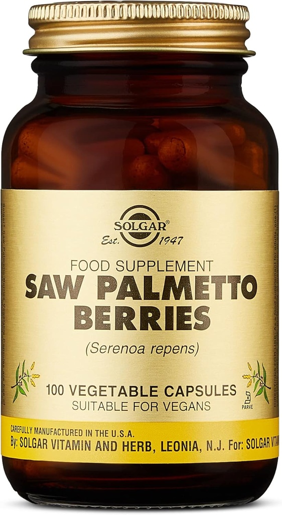 Solgar Saw Palmetto Berries, 100 Cápsulas Vegetais - Saúde dos homens - Potência total - Não-GMO, Vegan, Sem glúten, Leite Livre, Kosher - 100 Servings