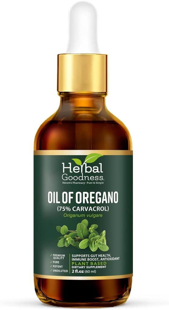 Óleo de Orégano Gotas de Orégano 2 Fl. oz – 75% Carvacrol com Azeite Virgem, Óleo de Orégano para Apoio Imune e Saúde Digestiva, Óleos Essenciais para Pele, Aceite de Orégano