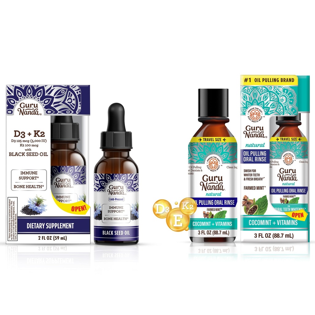 GuruNanda Black Seed Oil 5000 UI Vitamina D3, K2 & E + Óleo de coco Pulling com óleos essenciais Vitamina D3, E, K2 para suporte imunológico, Higiene oral