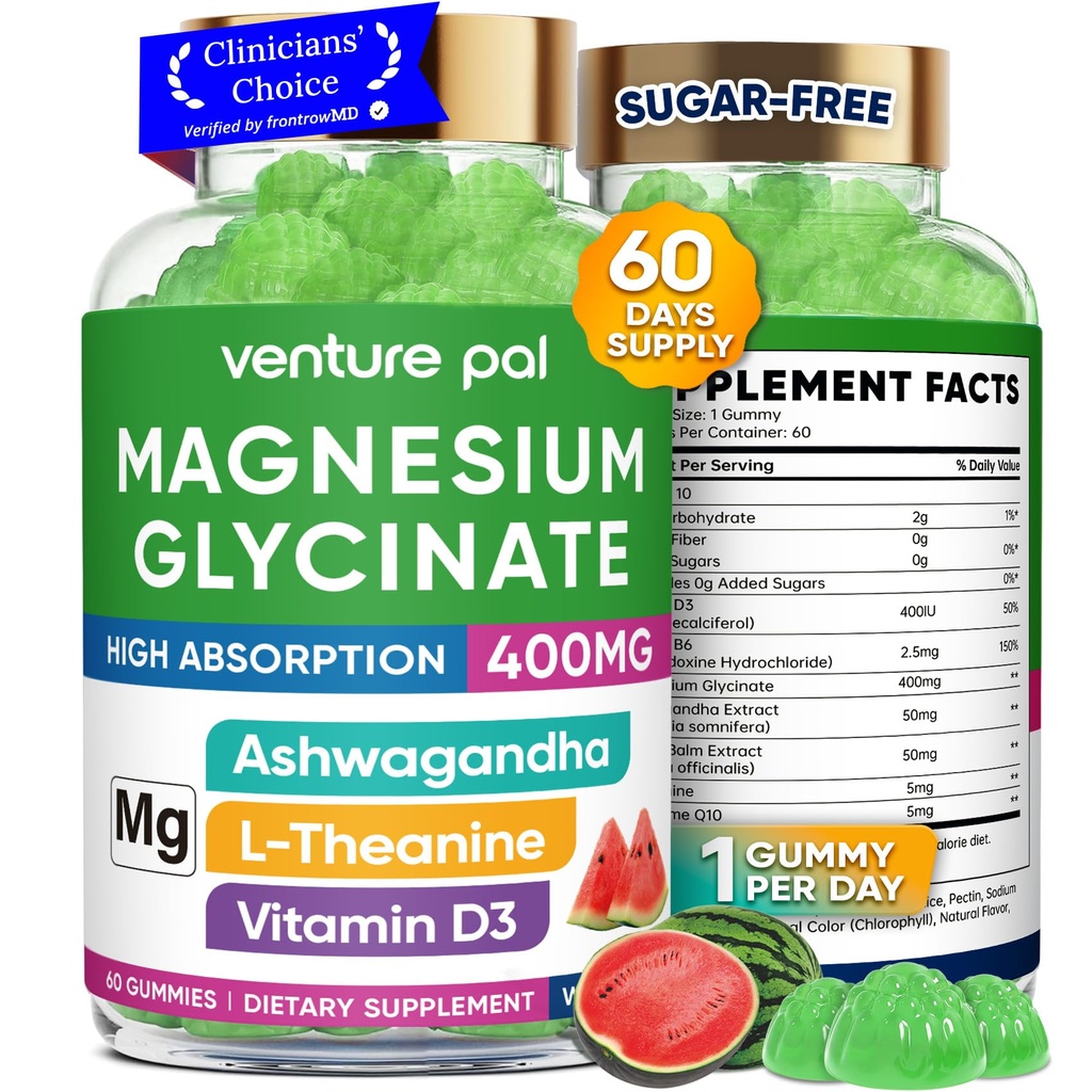 60 dias de fornecimento de magnésio Glicerinato 400mg Gummies com Ashwagandha, L-Theanina, CoQ10, Vitamina D3 & B6, Pastilhas de magnésio livre de açúcar para adultos e crianças, alívio de estresse, sono & calma, Vegan, Glúten livre