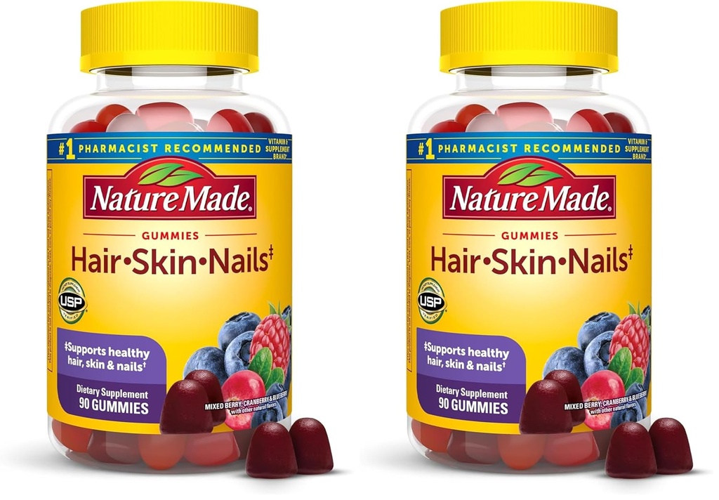 Natureza Made Hair Skin and Nails com Biotin 2500 mcg, Suplemento dietético para cabelos saudáveis, Pele & Nails Suporte, 90 chicletes, 45 dias de fornecimento (Pack of 2)