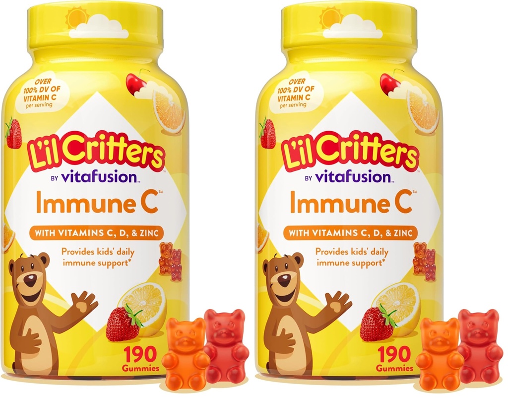 L’il Critters Imune C Suplemento diário Gummy Vitamina para crianças, para vitamina C, D e zinco para apoio imune, laranja, limão e cereja sabores, 190 chicletes (Pacote de 2)