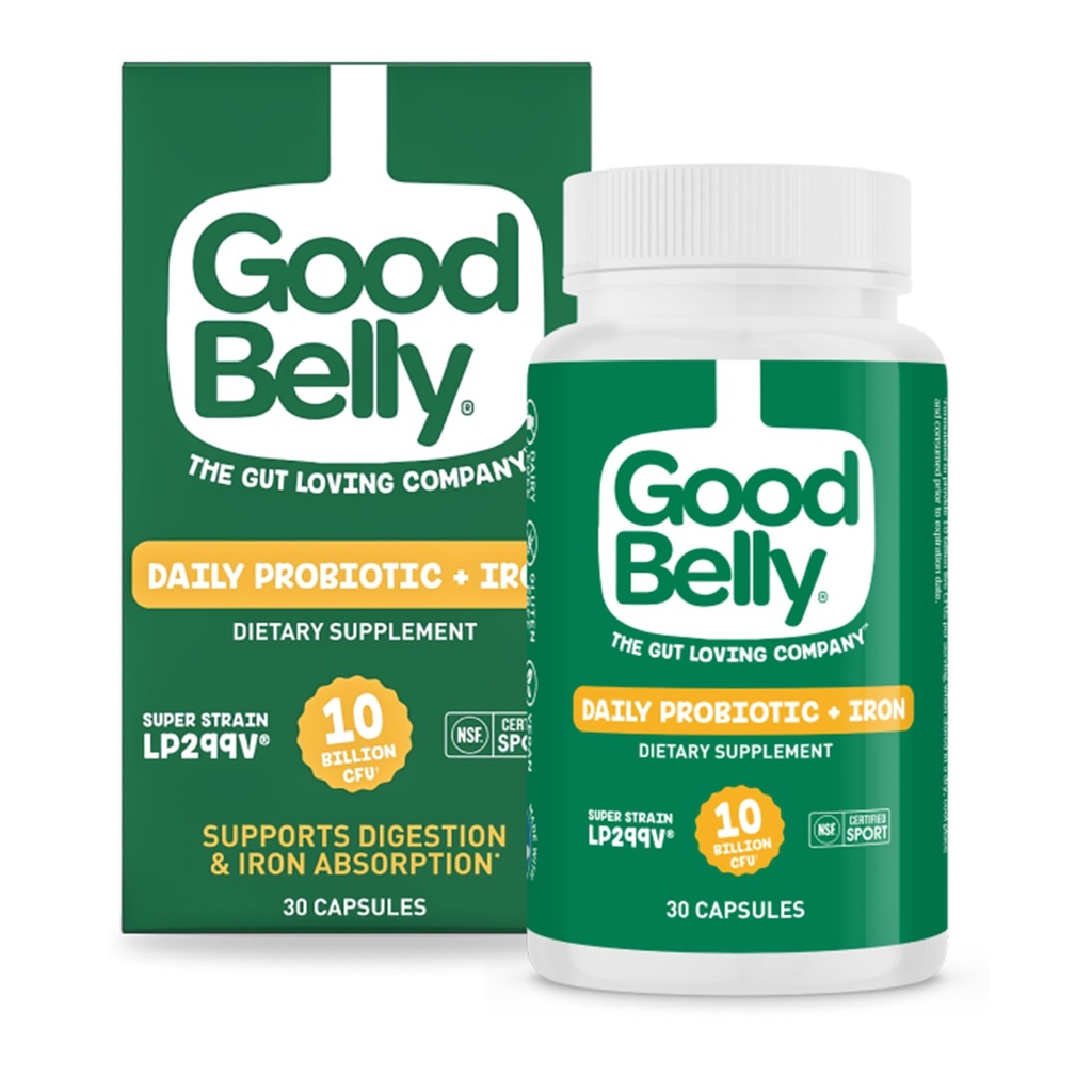 Cápsulas Probióticas GoodBelly para Saúde Digestiva e Absorção de Ferro □ Suplemento Probiótico Vegan com 10 bilhões de culturas ao vivo □ Probióticos para Mulheres e Homens □ 30 Cápsulas