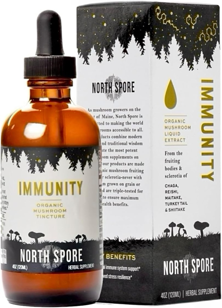 North Spore Orgânico Imunidade Cogumelo Tintura (4 oz) 100% Fruiting Body Extracts Chaga, Turkey Tail, Reishi, Maitake, Shiitake, Certified Organic, Vegan, Non-GMO, Adaptogenic, Made in USA
