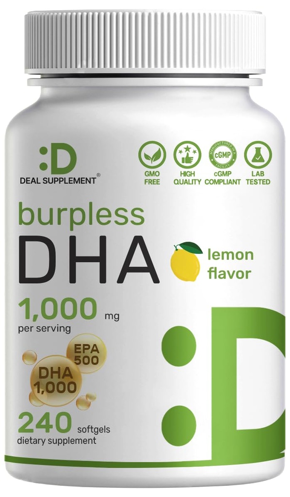 Suplementos DHA 240 Softgels, Arroto, Lemon Flavor, DHA 1000mg + EPA 500mg, Peixe capturado selvagem, Rico em Omega-3s, Mercúrio Livre, Não-GMO, Apoiar coração do cérebro e saúde conjunta