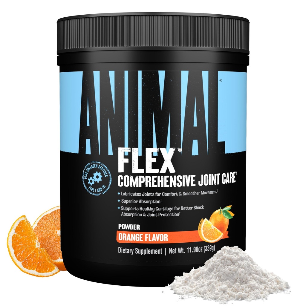 Animal Flex Pó - Suplemento de suporte conjunto para alívio da dor, reparação e restauração de músculos com açafrão, glucosamina, condroitina, HSH, Colágeno e Boswellia, Grande sabor de laranja de prova, 30 Scoops