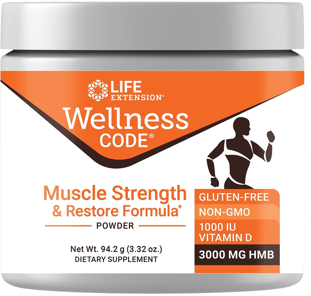 Life Extension Wellness Code® Muscle Strength & Restore Formula, Vitamina D3, ß-Hydroxy-ß-Metilbutirato Monohidratado (HMB), Saúde Muscular, Glúten Livre, Não-GMO, 94,2 g