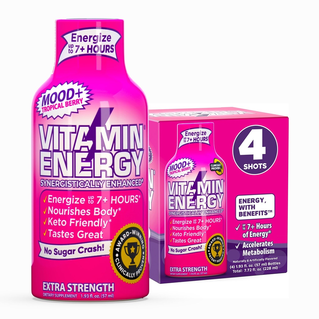 Vitamina Energia Mood+ Energia de força extra Shot Tropical Berry 4 Pack, 260mg Cafeína natural, B-Vitaminas, Rhodiola, Camomila, Mood & Energy Support, Zero açúcar, Sem glúten, Vegan, 1,93 fl oz