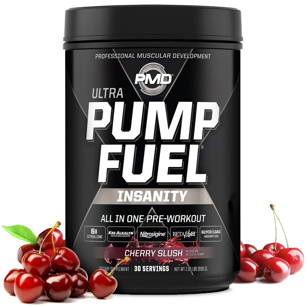 PMD Sports Pump Fuel Ultra Insanity - Bomba de pó e músculo Premium pré-treino, maior foco, resistência e recuperação, Creatina Premium, Arginina e Beta Alanine - Cherry Slush (30 Servões)