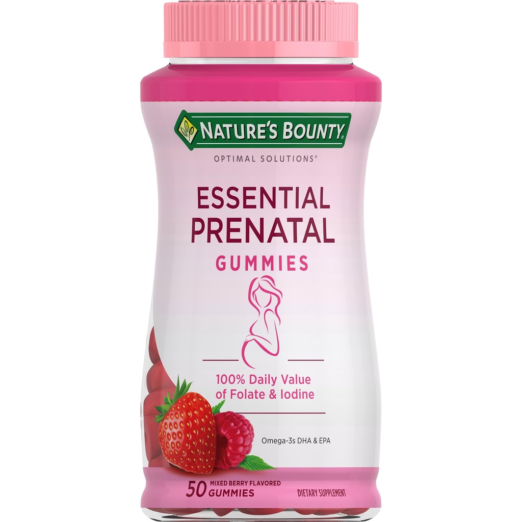 Soluções otimizadas da recompensa da natureza Gummies pré-natais essenciais, ácido fólico e iodo, Omega 3 e DHA, 50 contagem, 25 Total de serviços