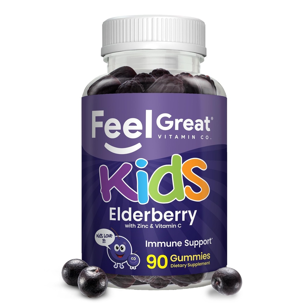 Sentir grande vitamina Co. Elderberry Gummies para crianças Suporte imunitária □ Antioxidante natural Imune Booster □ com vitamina C e zinco □ Gluten Free & Vegetarian □ 90 Gummies