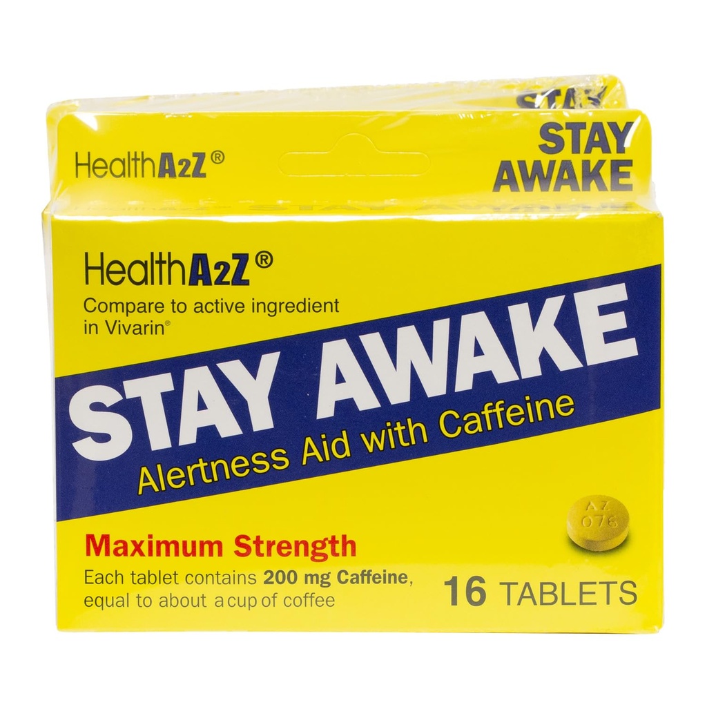 HealthA2Z® Stay Awake - 200 mg Cafeína - Ajuda de Alerta com Cafeína - 3 embalagens de 16 tabelts (48 comprimidos Total)