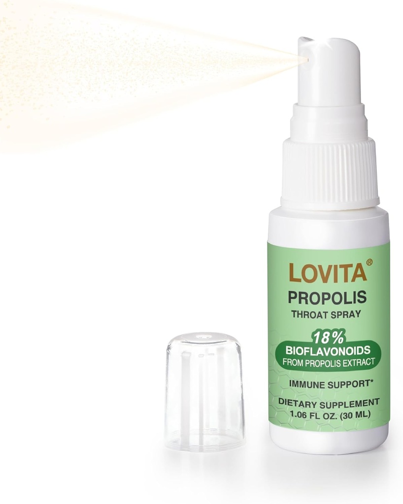 Lovita Bee Propolis Garganta Spray, 18% Bioflavonóides, Sem Álcool, Suporte Imune, Garganta calmante, Antioxidante, Gosto Gentil, 1 Fl Oz (Pacote de 1)