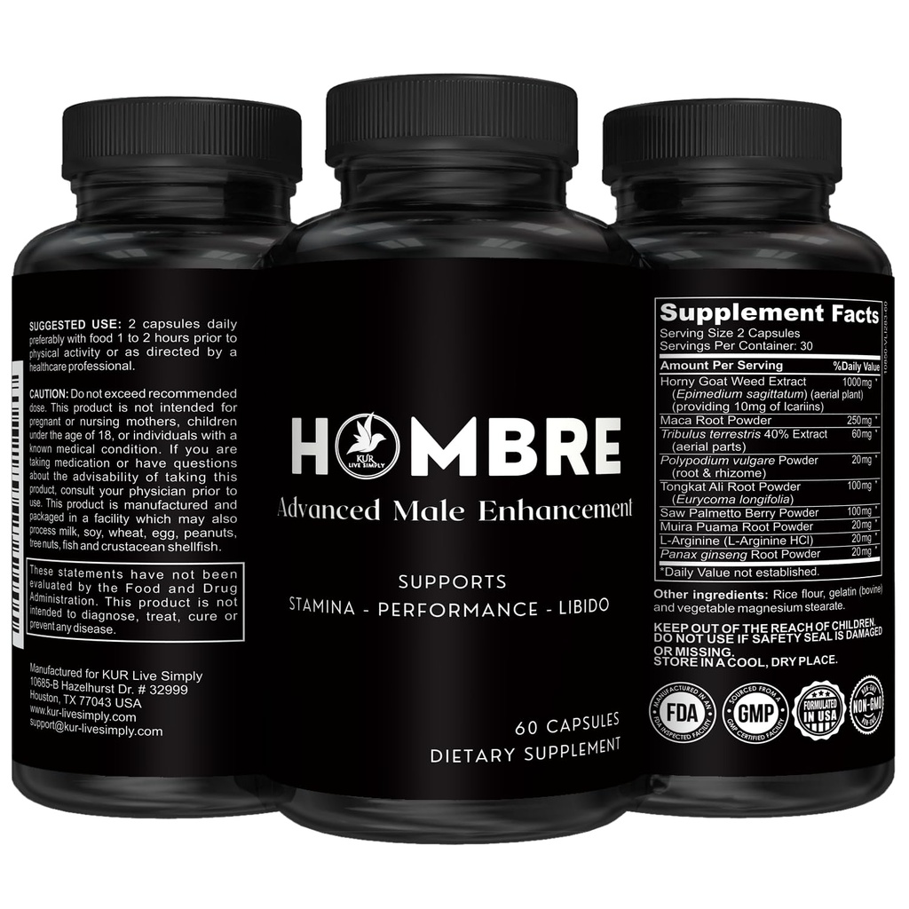 Hombre Male Rehancing Supplement – Adicionar 2 em 60 dias com nossas pílulas de alargamento para o crescimento muscular homens – Aumentar o tamanho, força, resistência – Endurance, desempenho, impulsionador de energia - 60 cápsulas
