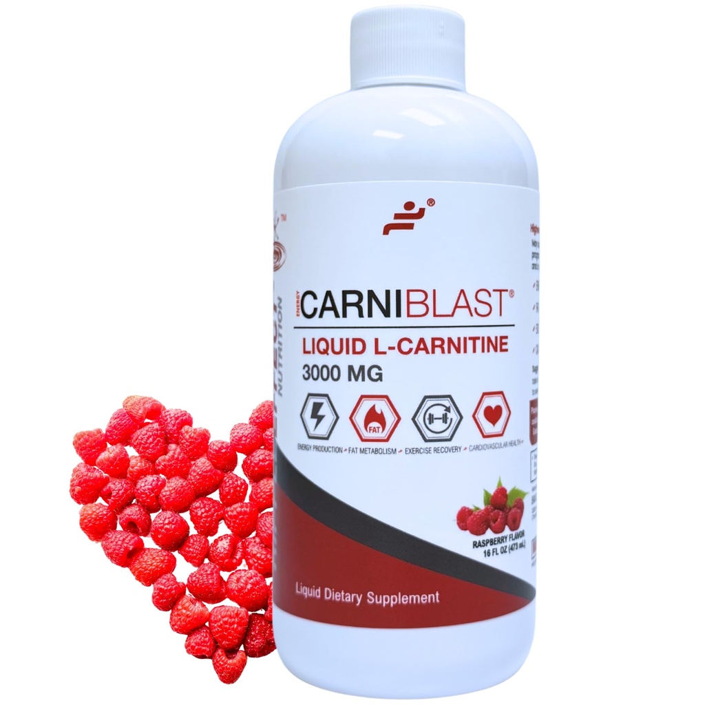 Bricker Labs CARNIBLAST Líquido L-Carnitina 3000mg, Premium L Carnitine Carnipure, Nutrição Energética, Suplemento Energético e Booster Energético, Framboesa, 16 fl oz