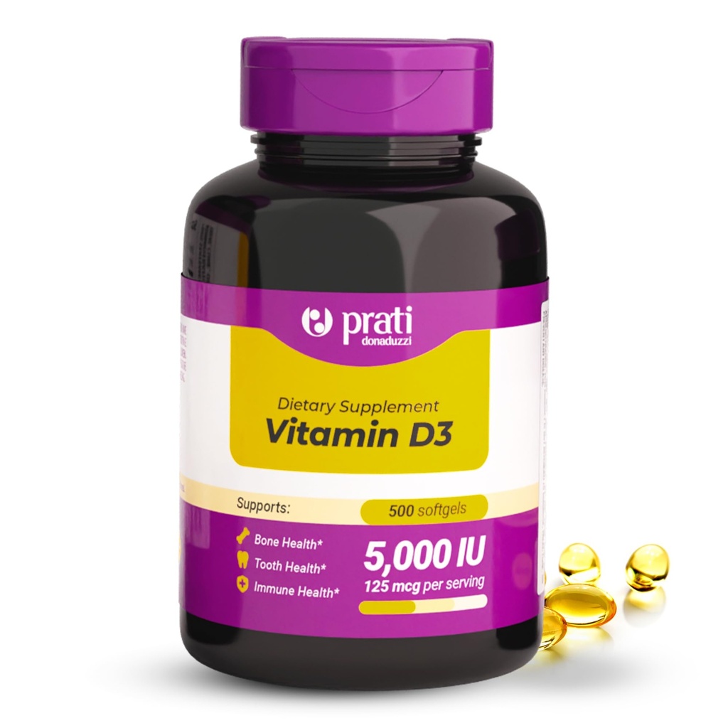 Vitamina D3 5.000 UI – 500 Softgels – Suporta sistema de defesa, saúde óssea e muscular – Tamanho da família
