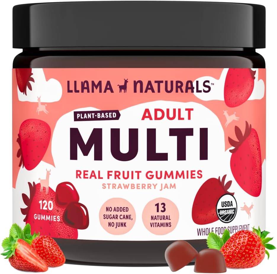 Llama Naturals Multivitamin para mulheres e homens, Vegan, Pastilhas orgânicas com vitamina D, C & K, Adultos Vitaminas Gummy fruta real, Suplemento Multivitamin mastigável, Sem adição de cana de açúcar, Morango, 120 Ct