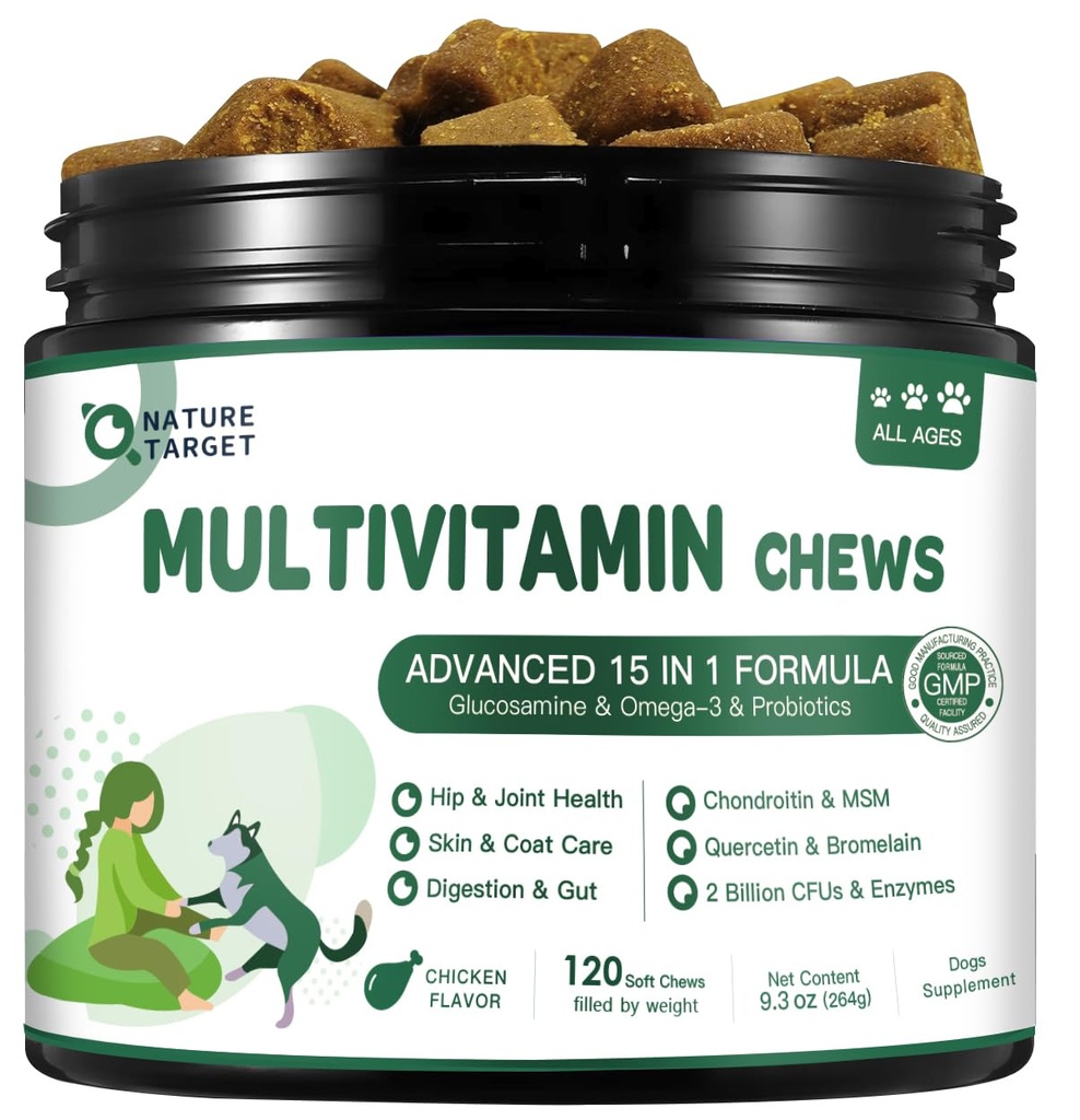NATUREZA TARGET Multivitamin para cães - com HSH & Glucosamina, Omegas 3 & 6, Probióticos para Saúde Digestiva, Suporte Conjunto, Pele & Revestimento, Sistema Imune e Saúde Geral 120 Mastigações Macio