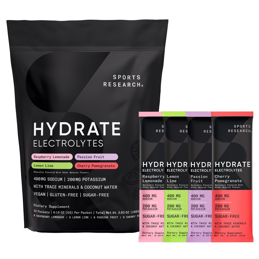 Sports Research® Hydrate Electrolytes Powder Packets - Livre de açúcar e naturalmente aromatizado com vitaminas, minerais e água de coco - Suporta hidratação - 32 Packets - Variety Pack