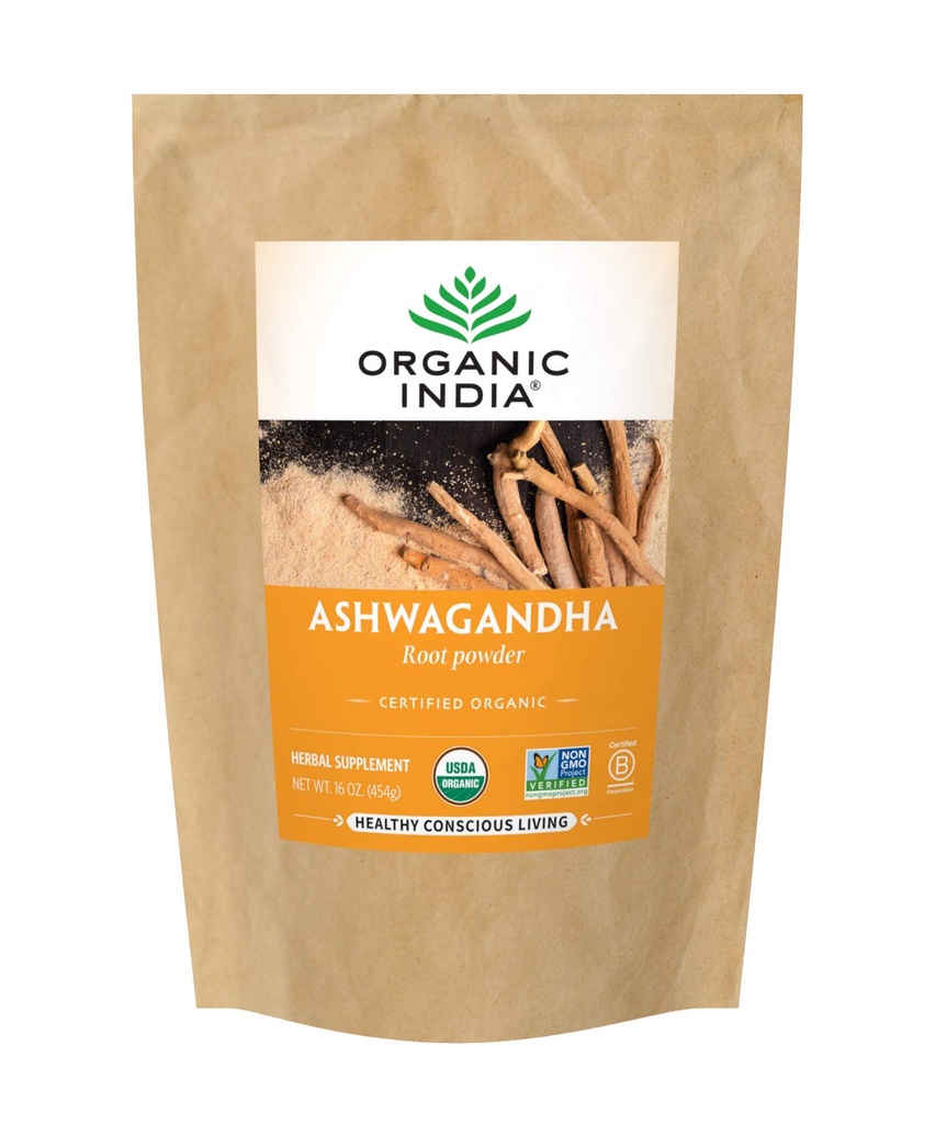 ORGANIC INDIA Ashwagandha Pó Orgânico - Ashwagandha Raiz em Pó Bulk, Suplemento de ervas - Vegan, Gluten-Free, Kosher, Não-GMO, Suporta alívio de estresse, Energia, e sono - 1lb Bag