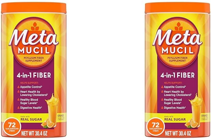 Fibra de metamucil, 4-em-1 Psyllium Fiber Supplement Powder com açúcar real, Laranja saborosa bebida, 72 Servings (Packaging May Vary), Textura Coarse, 1.9 libras (Pacote de 2)