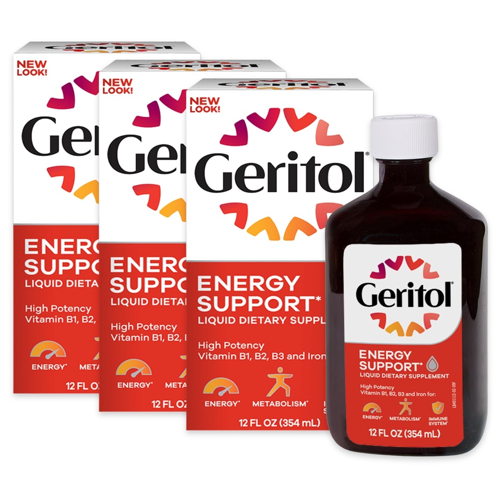 Geritol Suplemento de Vitamina Líquida e Ferro, Suporte Energético, Contém B-Vitaminas de alta potência e ferro, Degustação agradável, Fácil de engolir, Sem Adoçantes Artificiais, Não-GMO, 12 Oz, 3 Pack