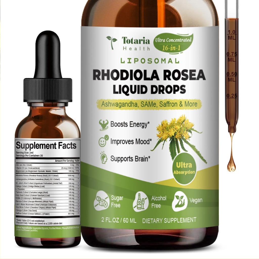 Totaria 16-em-1 Lipossômico Rhodiola Rosea Tintura, Ultra Força Rhodiola Supplement w/Ashwagandha, Açafrão, Magnésio, SAM-e, Rhodiola Rosea Extract Liquid Drops for Natural Relaxation, Mood, Energy