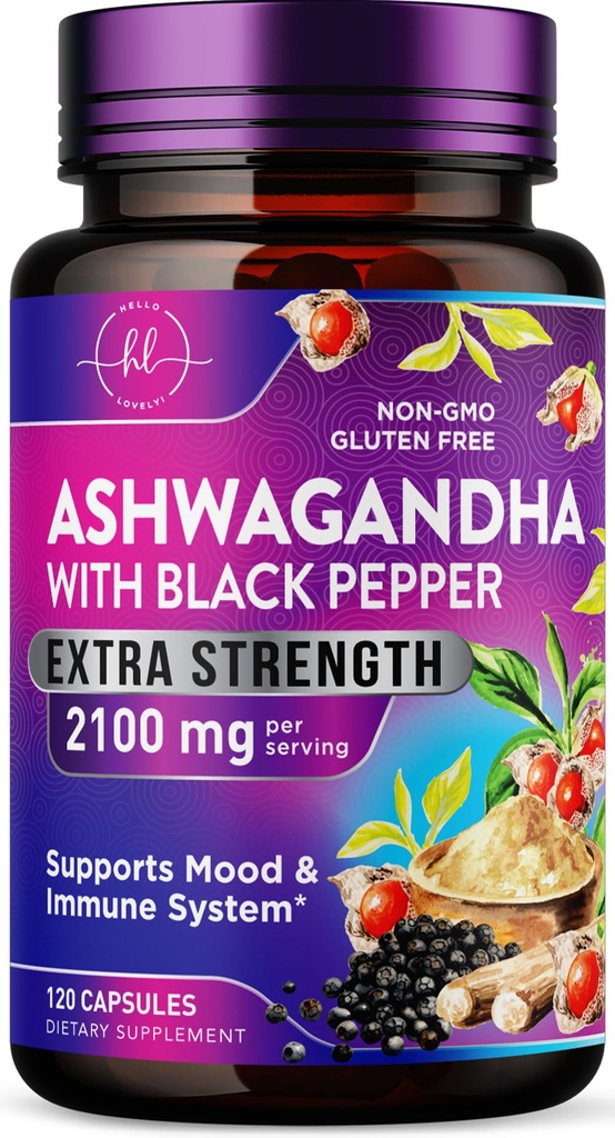 Ashwagandha 2,100 mg - Suplementos Ashwagandha para Mulheres em Cápsulas Veggie com Pó e Extrato de Raiz, Pimenta Preta para Alta Absorção, Planta Baseada, Não-GMO, Engarrafada nos EUA - 120 Cápsulas Veggie