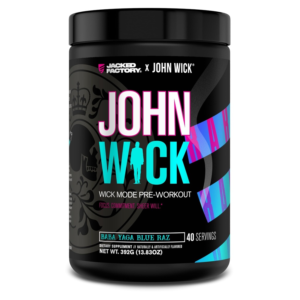 Jacked Factory X John Wick - Wick Modo pré-treino em pó - Energia Intensa, foco pronto para batalha, compromisso imparável, e pura vontade - 40 Servings, Baba Yaga Blue Raz