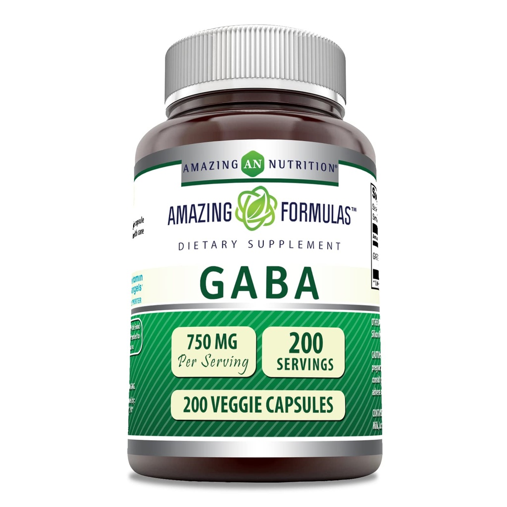 Fórmulas surpreendentes GABA 750mg Por Servindo Cápsulas Veggie Supplement □ Non-GMO □ Gluten Free □ Made in USA Ideal para Vegetarianos (200 Count)