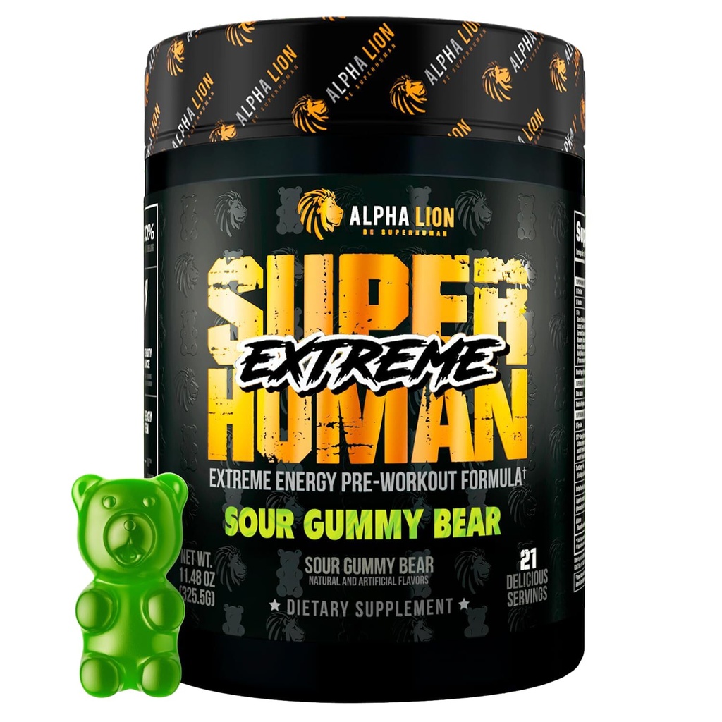ALFA LION Superhumano Extremo Stim Pré-treino Pó, Beta Alanine, L-Taurine e 356mg Tri-Fonte Cafeína para energia sustentada, óxido nítrico e citrulina para bomba (21 Servings, Gummy urso)