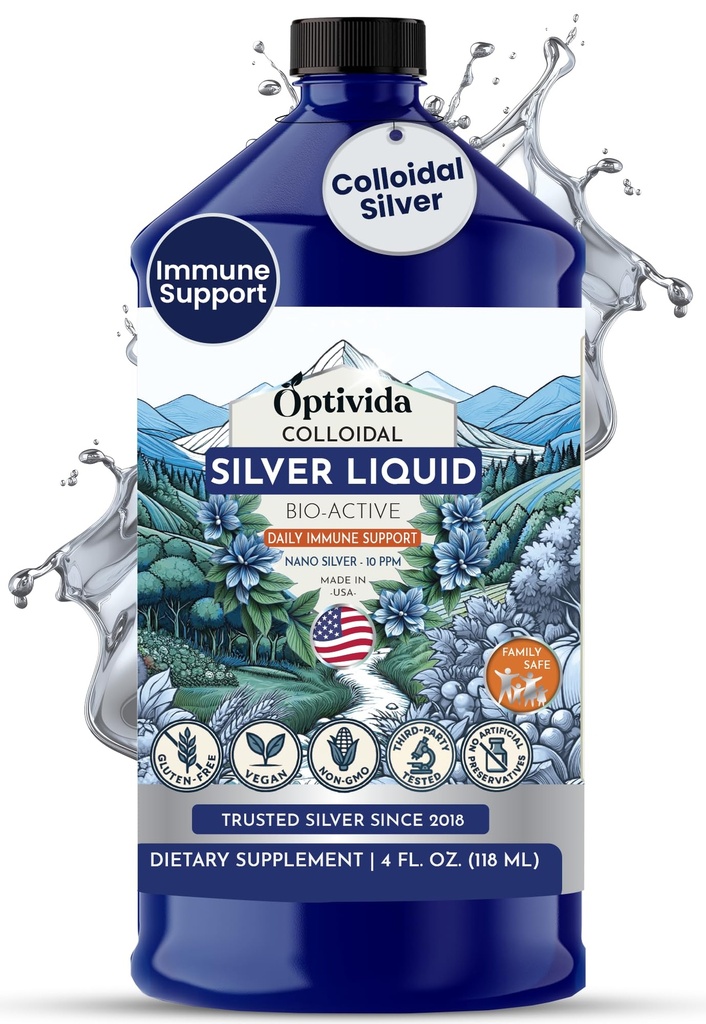 Optivida Health Coloidal Silver Liquid (32 oz) – Premium Nano Silver Coloidal Supplement for Daily Wellness & Imune Support, Natural Liquid Silver Hydrosol for Adults & Kids, Non-GMO, Gluten-Free