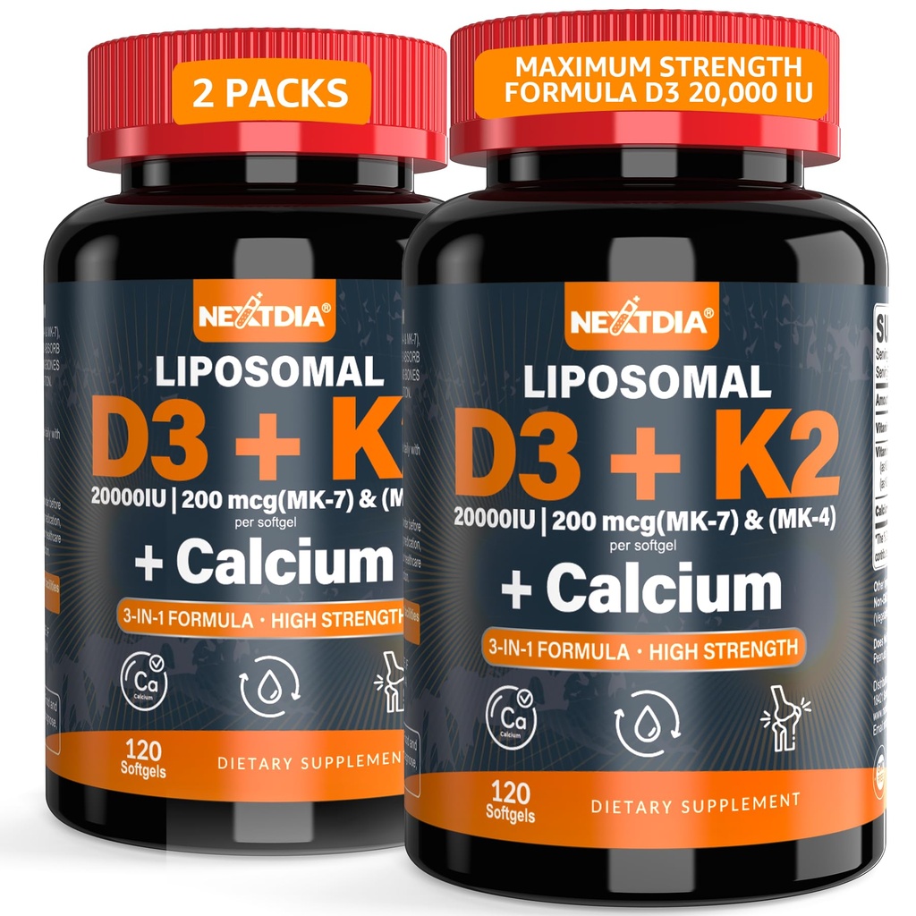 Vitamina D3 20.000 UI + K2 Vitamina (MK4 & MK7) 200mcg + Citrato de cálcio, Optimal Vitamina D3 K2 Softgel - Osso forte e músculo, Absorção de cálcio, Ajudando deficiências de vitamina D, Fácil de engolir, 2Pack