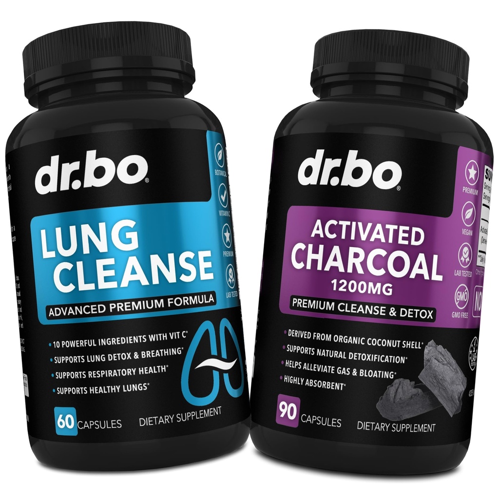 Lung Cleanse & cápsulas de carvão ativado - Suplementos respiratórios e pílulas de carvão de coco orgânico para estômago de gás e suporte de inchaço - Detox de ervas para pulmões, saúde brônquica e intestino