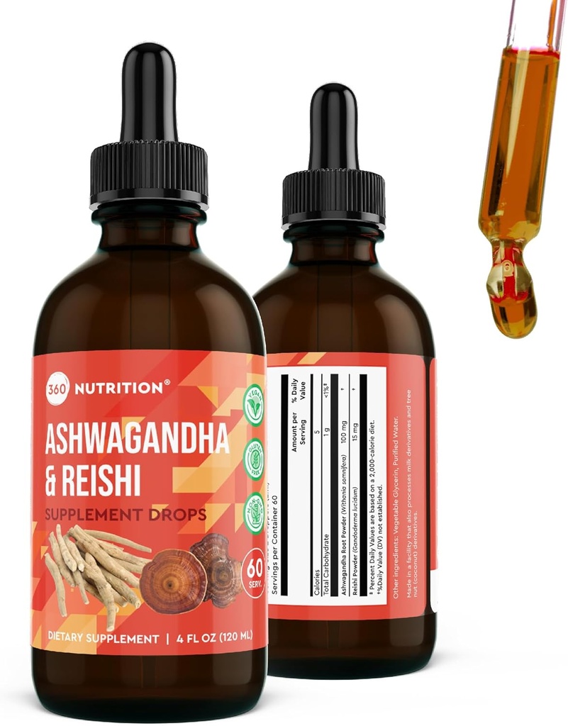360 Nutrição Ashwagandha & Reishi Root Supplement Drops para alívio de estresse, resistência e longevidade, e suporte energético - Vegan Não-GMO Adaptogenic - 4 fl oz, 60 Servings
