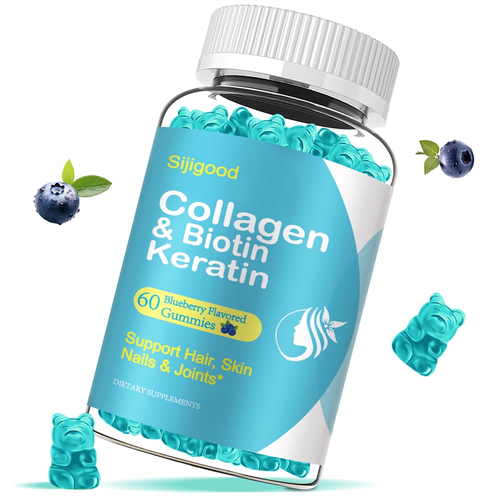 Gummies de biotina com colagénio, queratina, ácido hialurónico, vitamina para a pele, crescimento do cabelo, unhas, mulheres homens adultos crianças - 60 gomas sabor de mirtilo