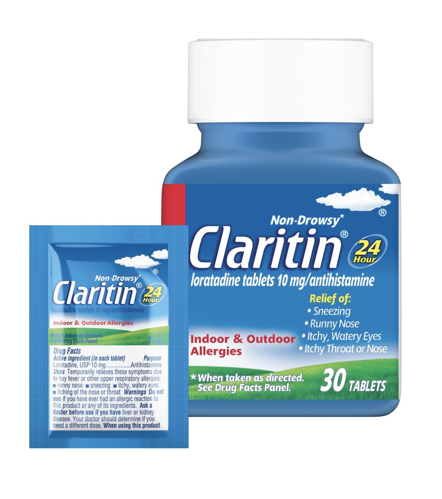 Claritin Allergy Medicine for Adults, 24 horas Loratadine 10mg comprimidos, anti-histamínico, 30 comprimidos + 1ct de alívio on-the-go