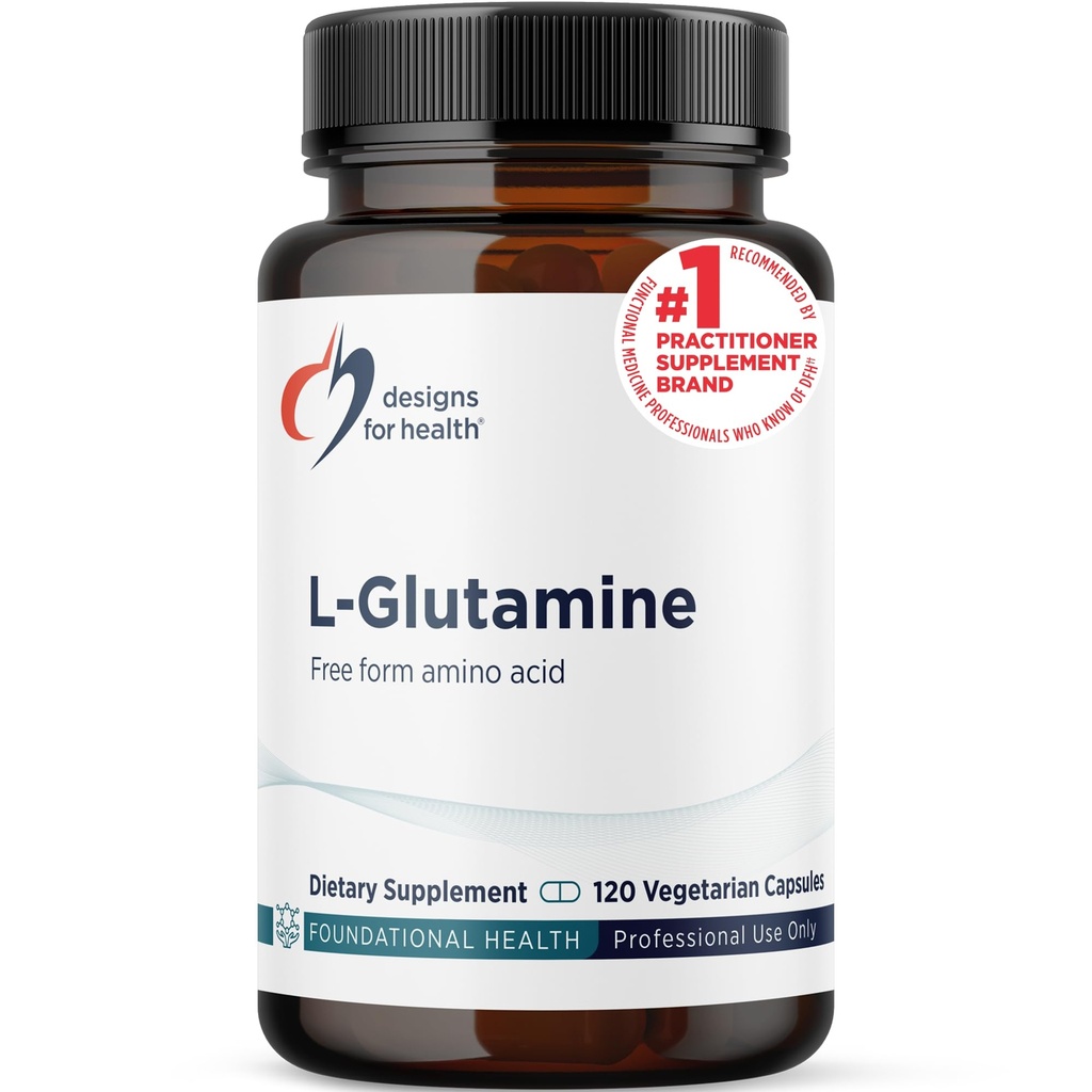 Desenhos para a Saúde L Cápsulas de Glutamina - 850mg Suplemento de Aminoácidos Vegetarianos para Apoiar a Recuperação Músculo, Digestivo, Imune + Gut Health - Não-GMO + Gluten Free (120 Cápsulas)