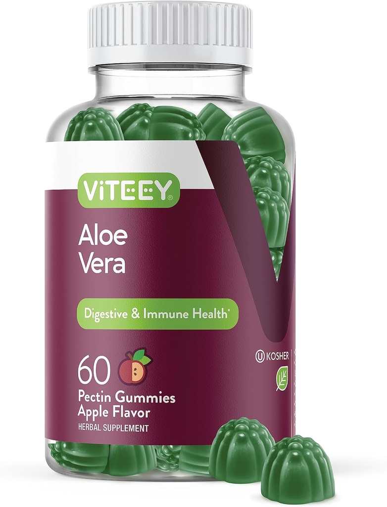 Viteey Aloe Vera Gummies para Adultos - 50mg - Ajudas em Digesção e Saúde Imune - Suplemento Aloe Vera - Vegan, Gelatina grátis, Gluten Free, GMO grátis, Saboroso Chewable Framboesa Gummy saborosa