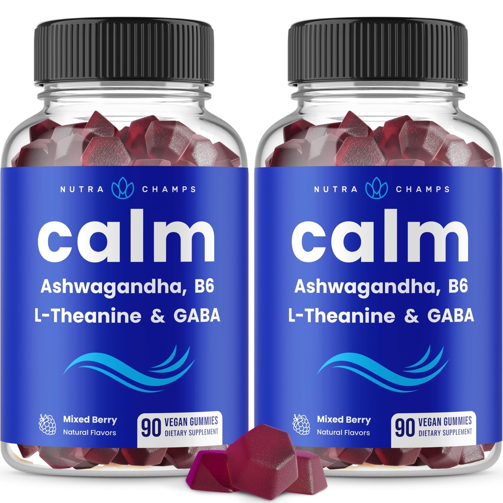 NutraChamps Pastilhas calmas, chicletes de estresse Suplemento com Ashwagandha, L-Theanina, GABA, vitamina B6 & Limão Balm, 90 chicletes (Pacote de 2)