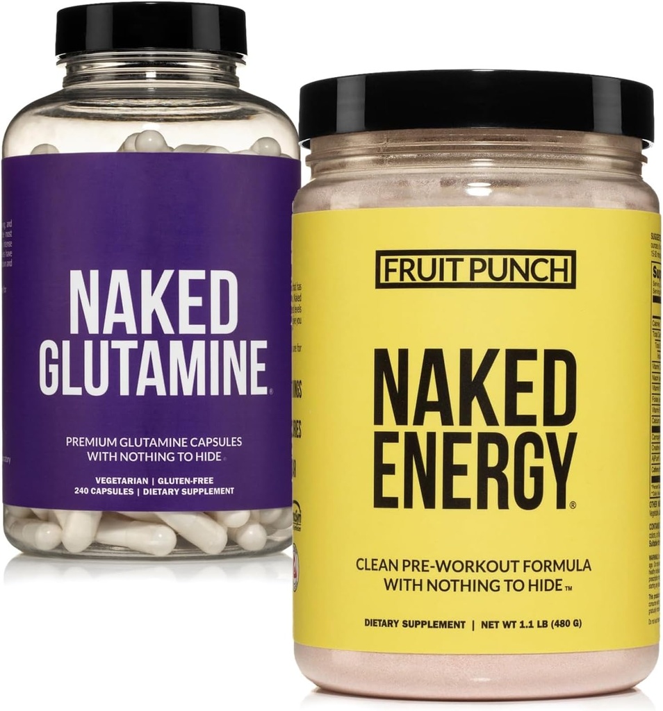 NAKED Vegan Energizante muscular recuperação pacote Fruit Punch Energia e 240 L-Glutamina Cápsulas, 1000mg
