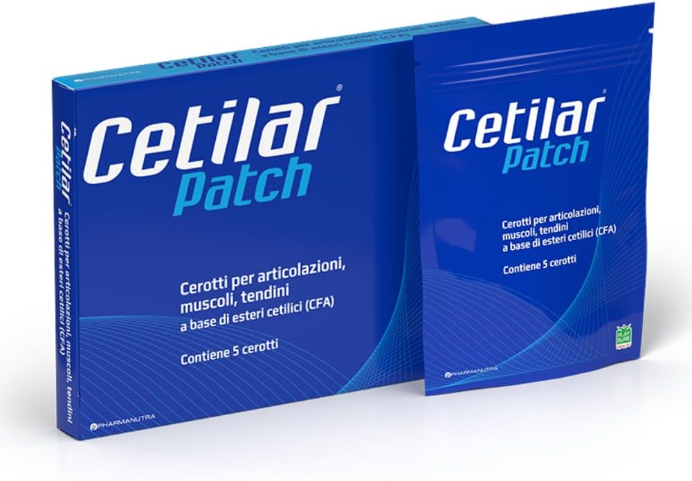 Patch Cetilar – 5 Remendos descartáveis com ácidos gordos cetilados patenteados para alívio da dor muscular e articular de longa duração, mobilidade melhorada e recuperação esportiva – suor e resistente à água – Dopagem livre