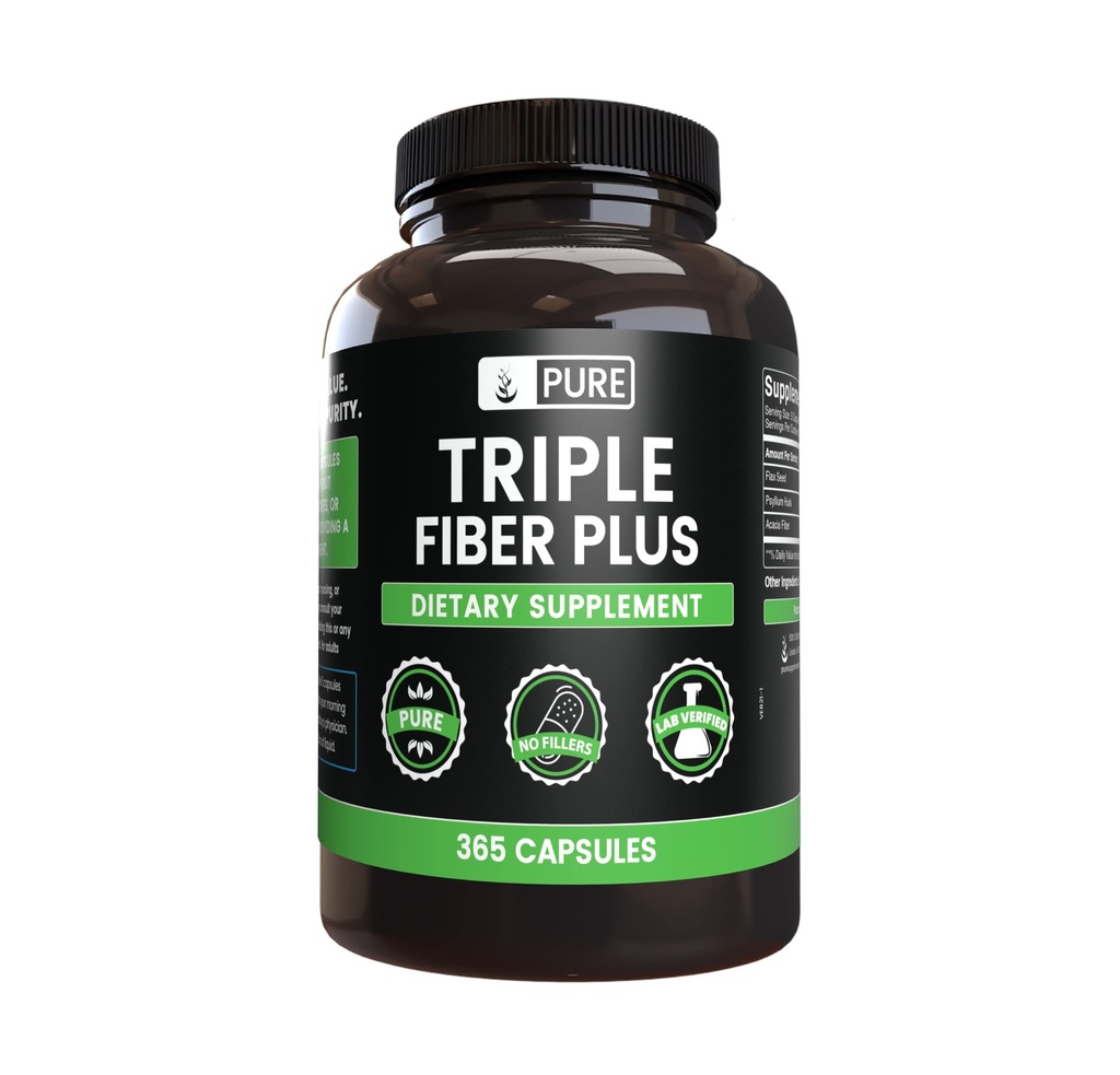 Ingredientes originais puros Fibra tripla (365 Cápsulas) Sem enchimento de magnésio ou arroz, sempre puro, laboratório verificado