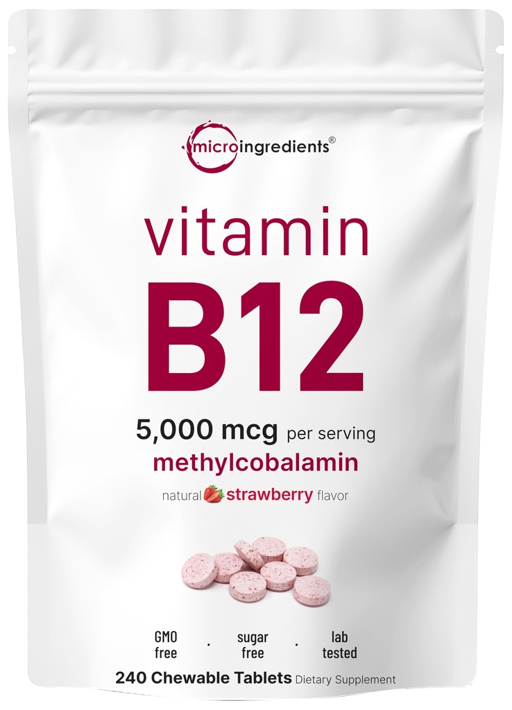 Micro Ingredientes Vitamina B12 5.000 mcg – 240 Tablets mastigáveis, Flavor de Morango Natural – Suporta energia e metabolismo Saúde Vegan, Não-GMO, Gluten Free