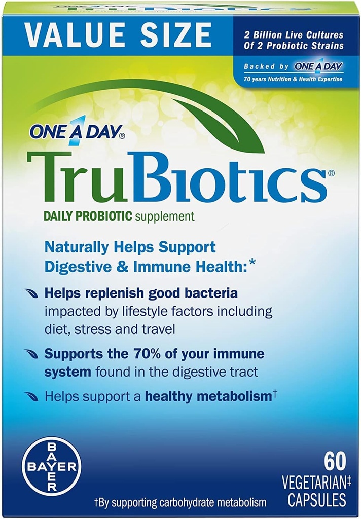 TruBiotics Daily Probiótico, 60 Cápsulas - Gluten Free, Soy Free Digestive + Imune Health Support Supplement for Men and Women