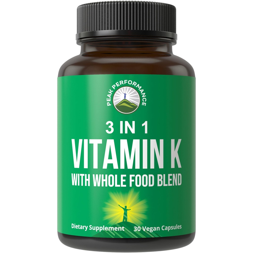 Vitamina K com alimento inteiro Mistura de 25+ Vegetais e Frutos para Absorção Max. Vegan Cápsulas Suplemento. Vitaminas K1, K-2 MK4 + K2 Natto MK7. Alternativa ao Drops, Gummies. VIT K com K 2 e MK-7