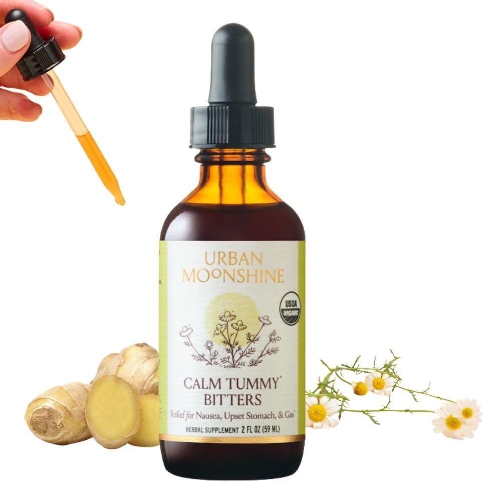 Urban Moonshine Calm Tummy Bitters - Certified Organic - Alívio para Náusea e Estômago Perturbado* - Bloating Relief* - Apazigua a Digestão* - Bitters Digestivas - Suplemento de ervas sem glúten - 2 Fl Oz