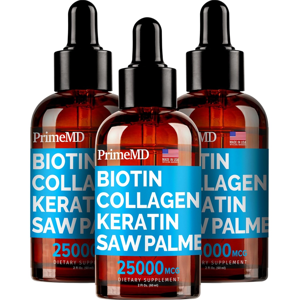 PrimeMD 4-em-1 líquido biotina Colágeno queratina serra Palmatto gotas (3 Pack) pacote - 25000mcg unhas de cabelo e vitaminas da pele para mulheres e homens - 2 Fl Oz Cada, sabor melancia, sem glúten, não-GMO