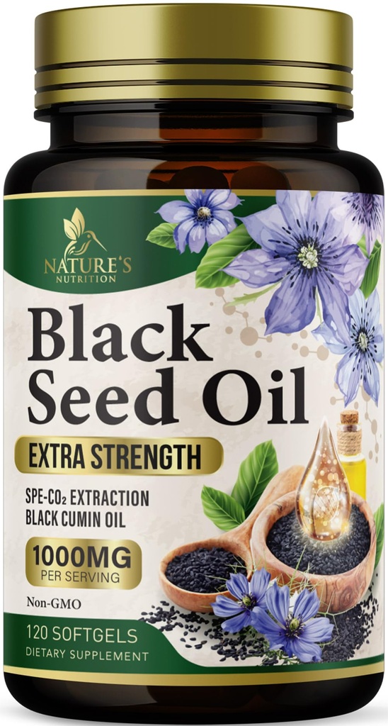 Black Seed Oil Softgels 1000mg - Premium Nigella Sativa Blackseed, Puro Óleo de Sementes de Cominho Preto & Antioxidante para a pele e suporte imunológico - Não OGM, engarrafado em USA Suplemento - 120 Softgels